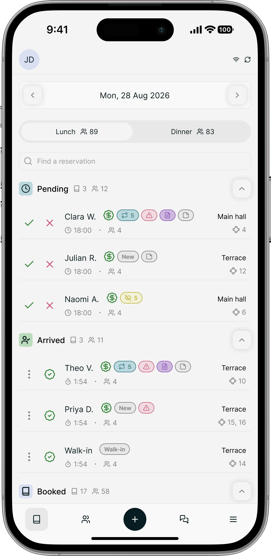 Inservo reservations diary on iPhone